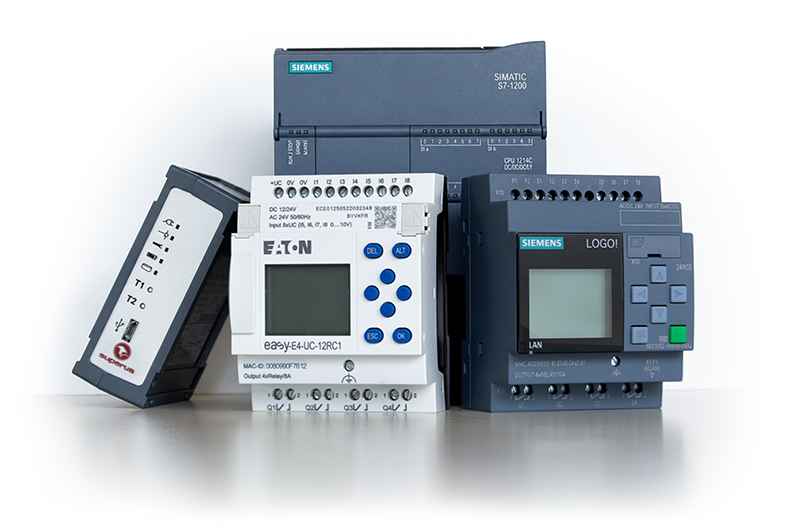 Verschiedene Steuerungen und Kleinsteuerungen, u. a. Siemens SIMATIC S7-1200, Eaton easyE4 und Siemens LOGO!, die superus MDE anbinden kann