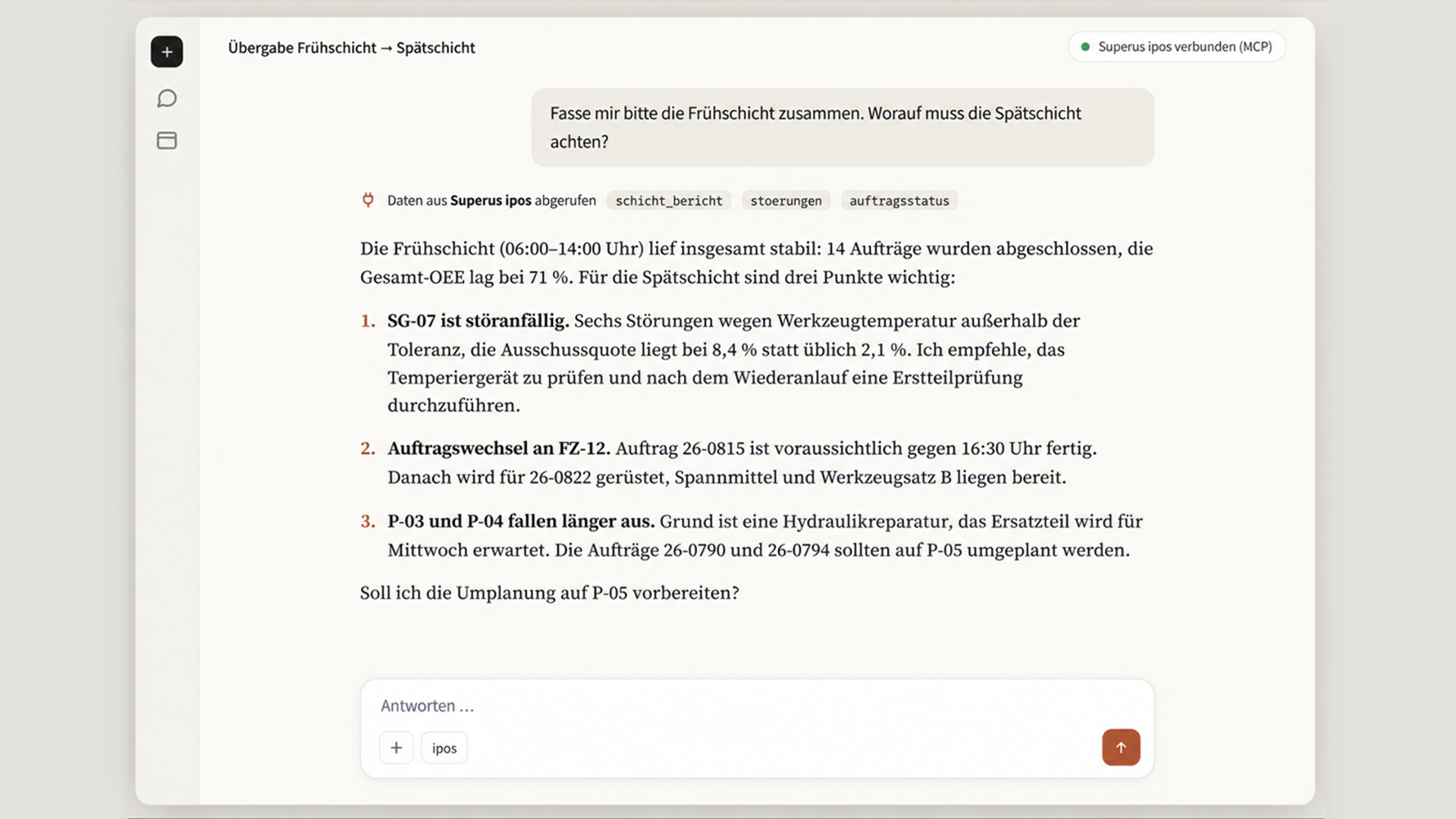 KI-Assistent fasst die Schichtübergabe zusammen und verweist auf eine
                        störanfällige Anlage, einen bevorstehenden Auftragswechsel sowie länger ausfallende Anlagen