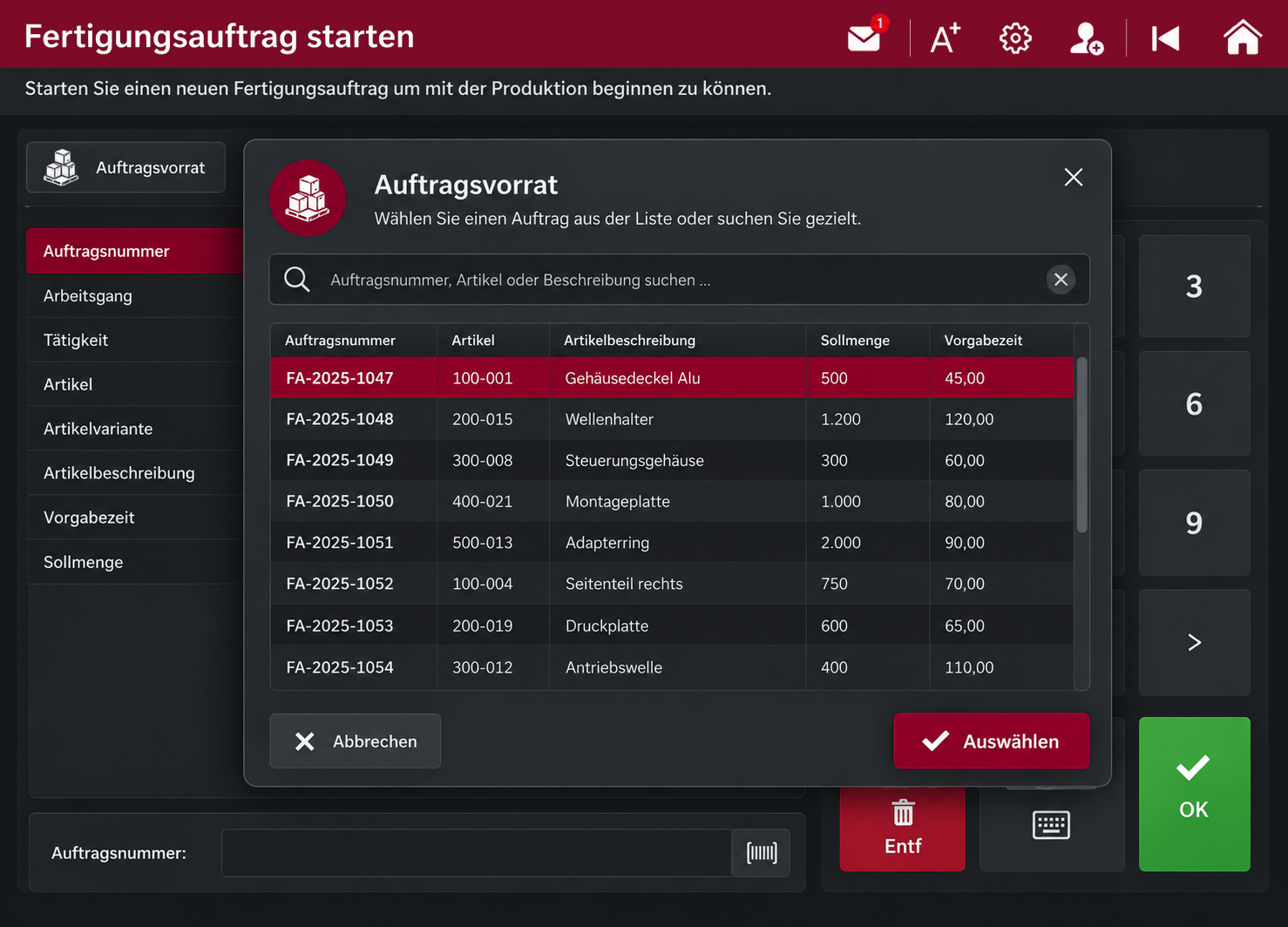 Dialogfenster 'Auftragsvorrat' zum Auswählen eines Fertigungsauftrags mit Suchfeld und Tabelle mit Auftragsnummern, Artikeln, Artikelbeschreibungen, Sollmengen und Vorgabezeiten.
