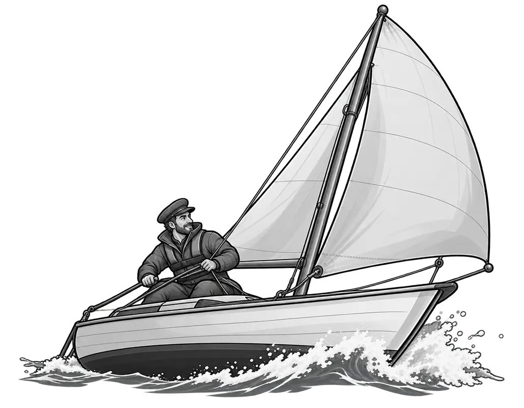 Segelboot, das gegen den Wind kreuzt und seinen Kurs bei jeder Winddrehung neu legt