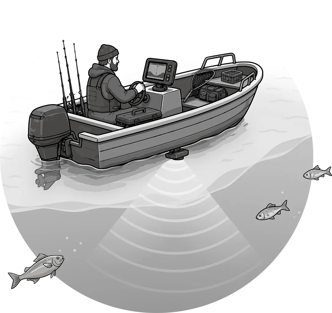 Fischerboot mit Echolot, das den Fischschwarm unter der Wasseroberfläche als Bild sichtbar macht